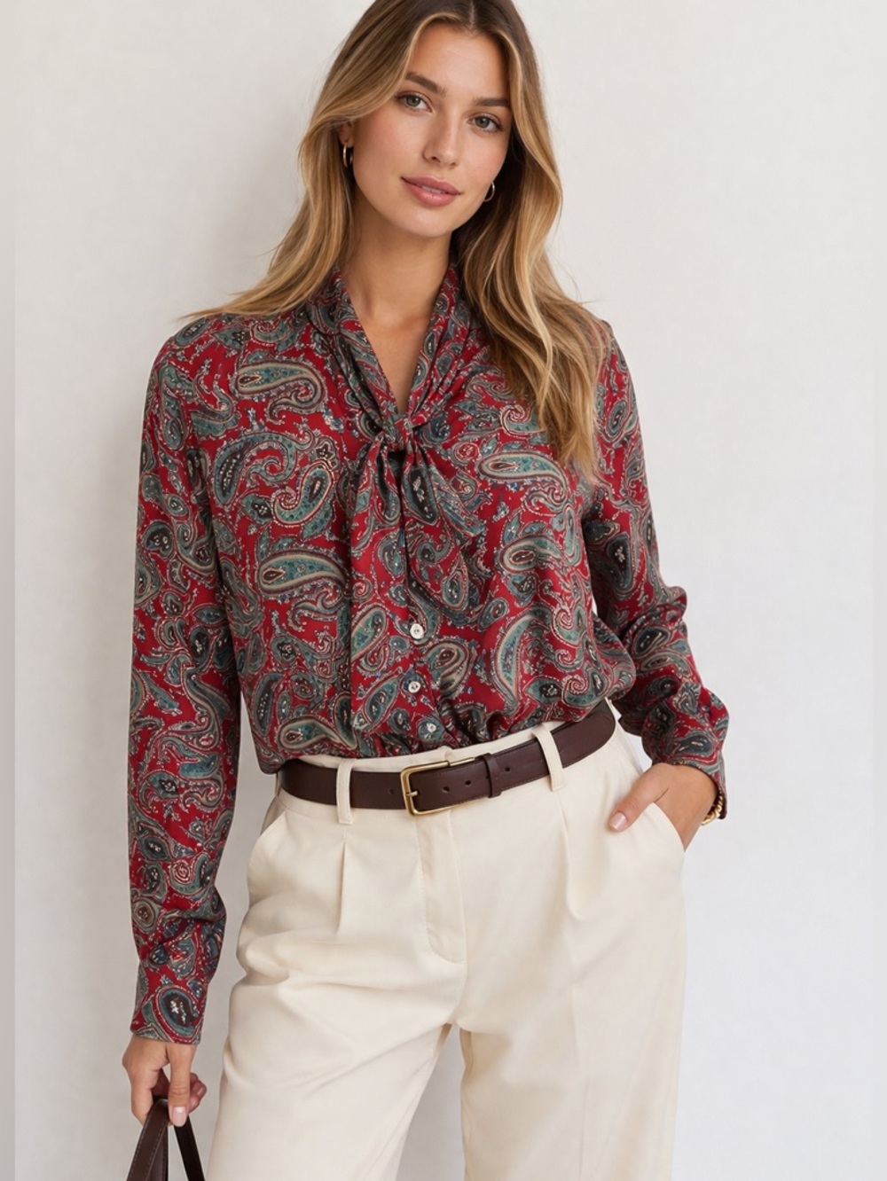 Ralph Lauren Paisley Tie Neck Blouse Red Vintage Silk Feel Top Size 6